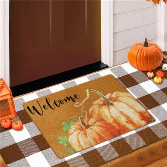 Doormat Combo Set Pumpkin 17'' x 29'' Coir Mat and 23.6'' x 51.2'' Plaid Rug - Picture 1 of 7